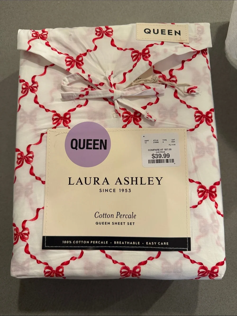 Laura Ashley White Cotton Percale Sheet Set with Red Bow Print